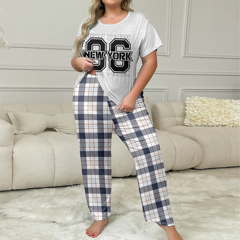 Summer No.96 Print Short Sleeve Top Plaid Pants Women's Home Clothes Plus Size Pajamas 6