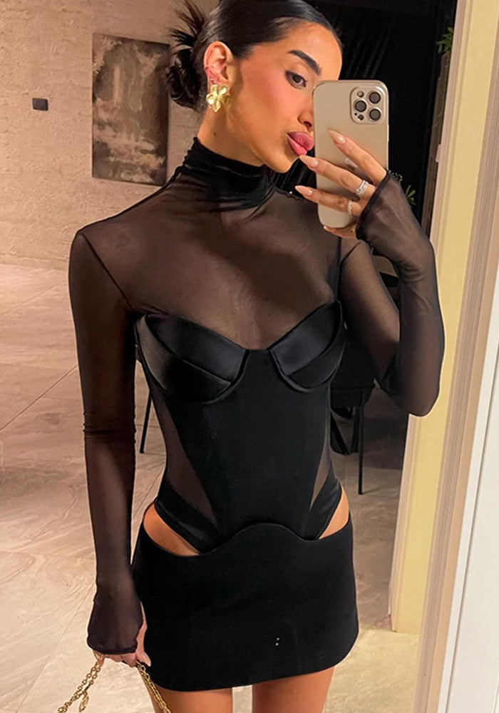 Mesh Patchwork High-Neck Sexy Slim Hollow Cut Bodycon Short Dress