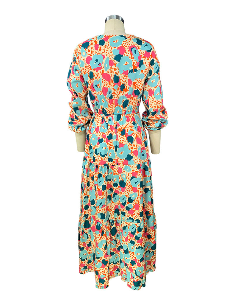 Fall Women V-Neck Long Sleeve Printed Loose Maxi Dress 6