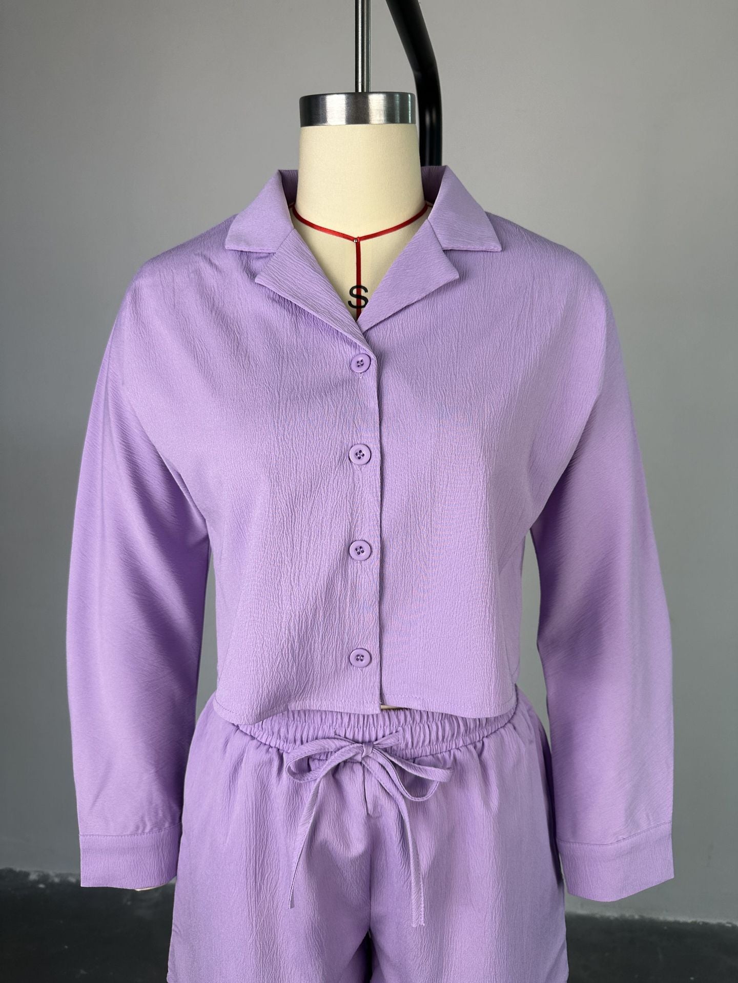 Women Summer Casual Turndown Collar long-sleeved shirt And drawstring shorts two-piece set 9