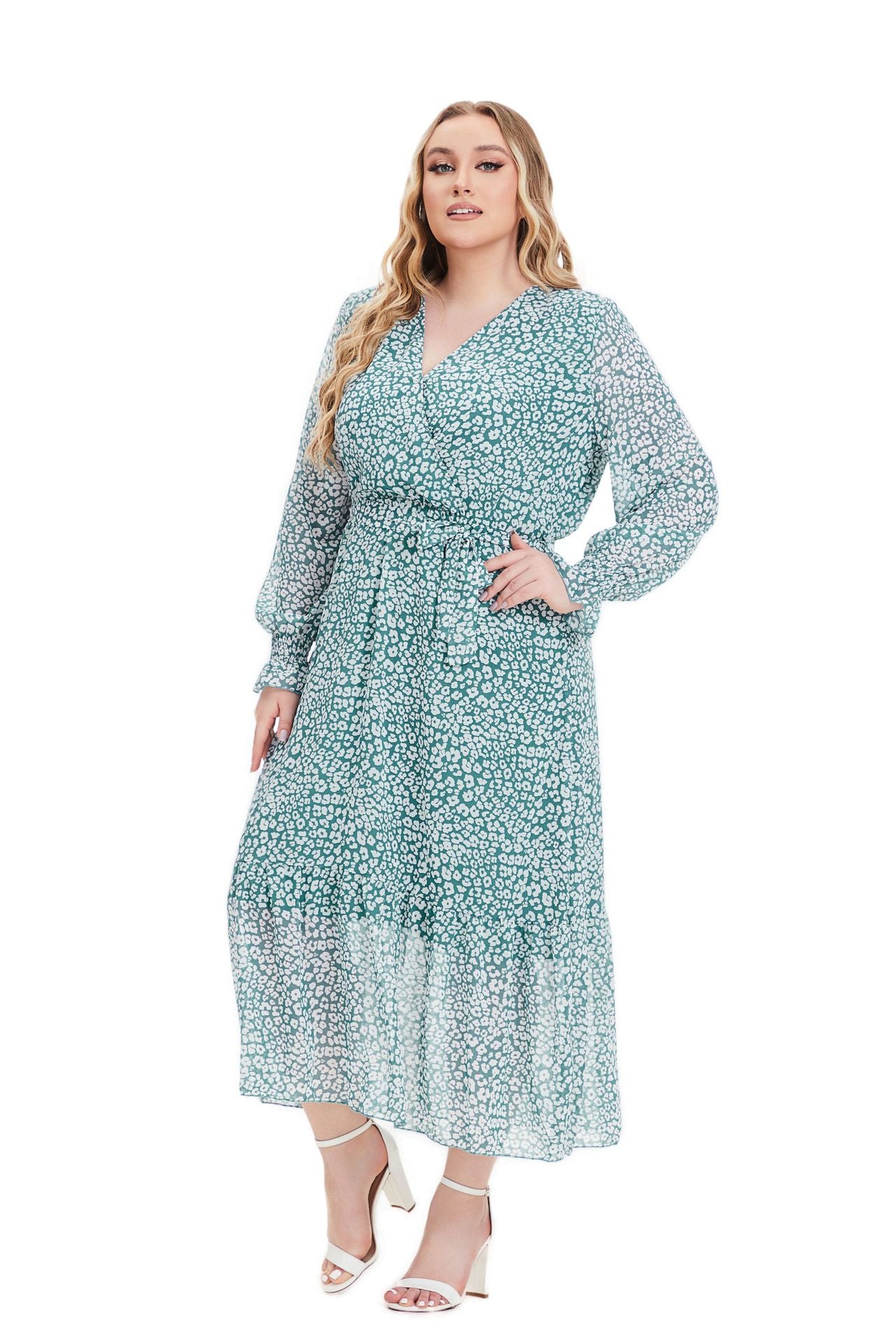 Plus Size Women Fall Long Sleeve Floral Dress 11