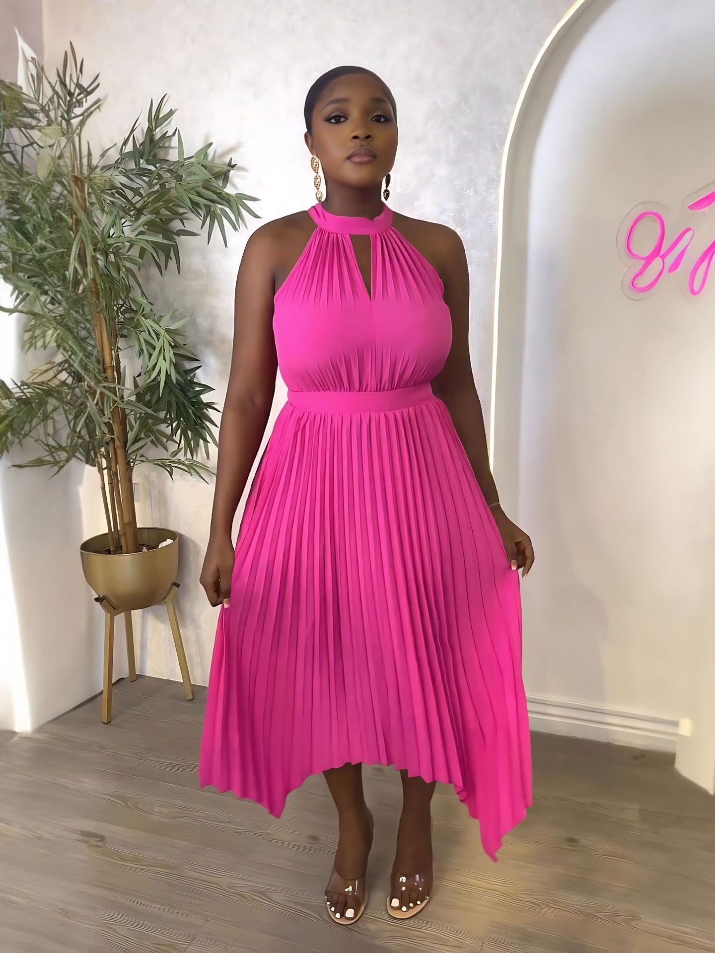 Women Casual Sleeveless Clipped Pleated Halter Neck Dress 6