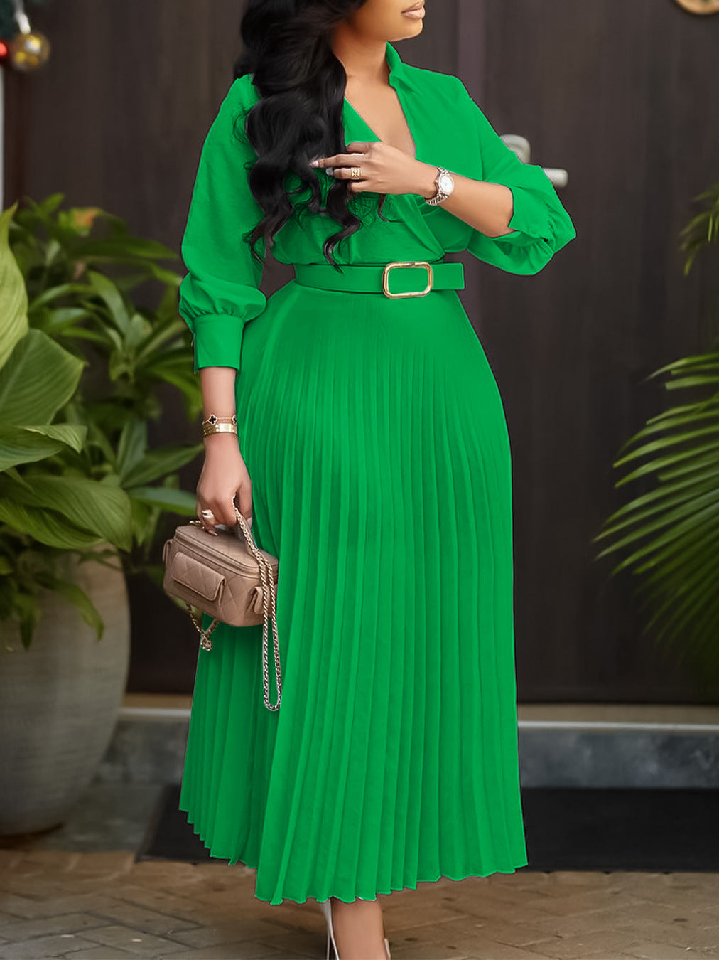 Spring V-Neck Solid Long Sleeve Pleated Dress for Women 6