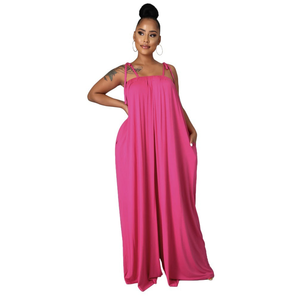Solid Color Summer Sleeveless Slim Waist Wrapped Breast Loose Wide Leg Women's Jumpsuit