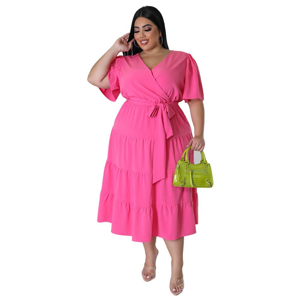 Plus Size Women Short Sleeve V Neck Solid Belt Loose Maxi Dress 3