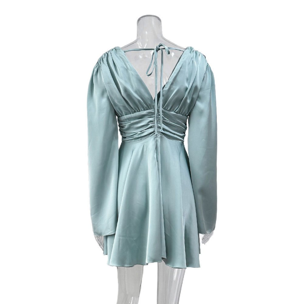 Bell Sleeve Solid Long Sleeve Sexy V-Neck Slim Waist Mini Party Dress 13