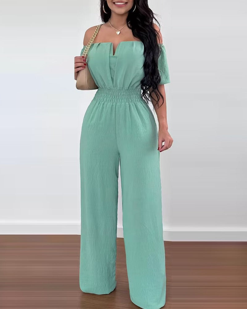 Women Off Shoulder V Neck Loose Straight Jumpsuit 6