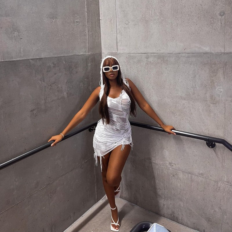 Women summer Solid Casual sleeveless hooded tassel dress 4