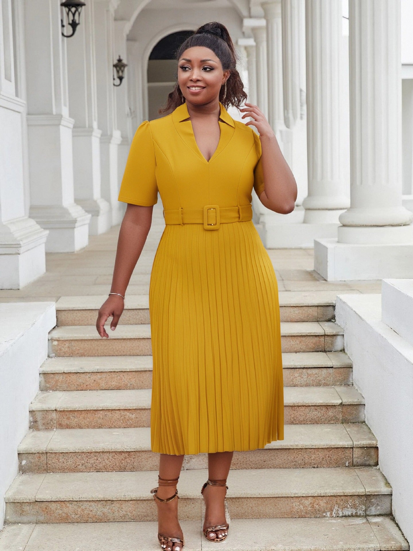 Plus Size Women's Office Summer Short Sleeve Fashion V-Neck High Waist Chic Pleated Long Dress 6