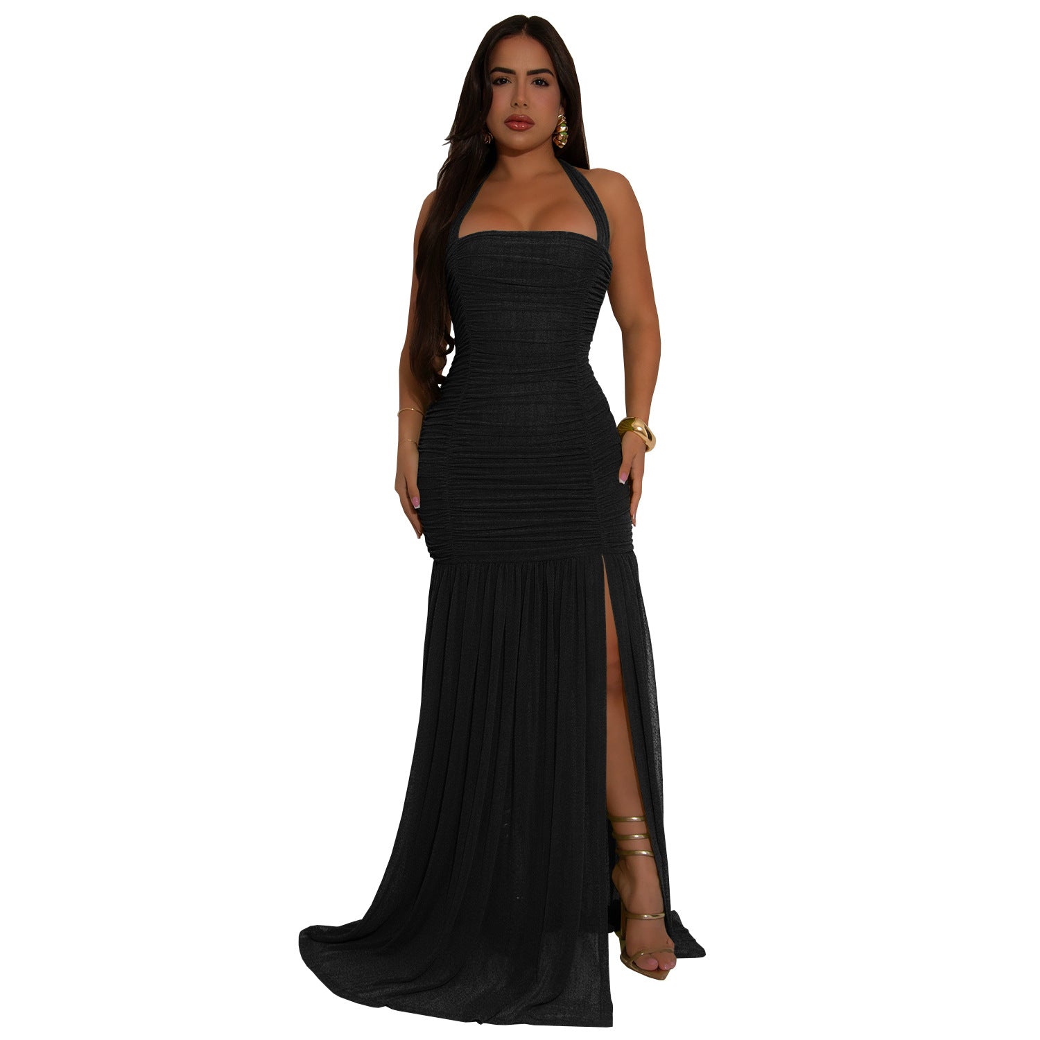 Women’s Summer Sheer High-Slit Solid Color Dress 8