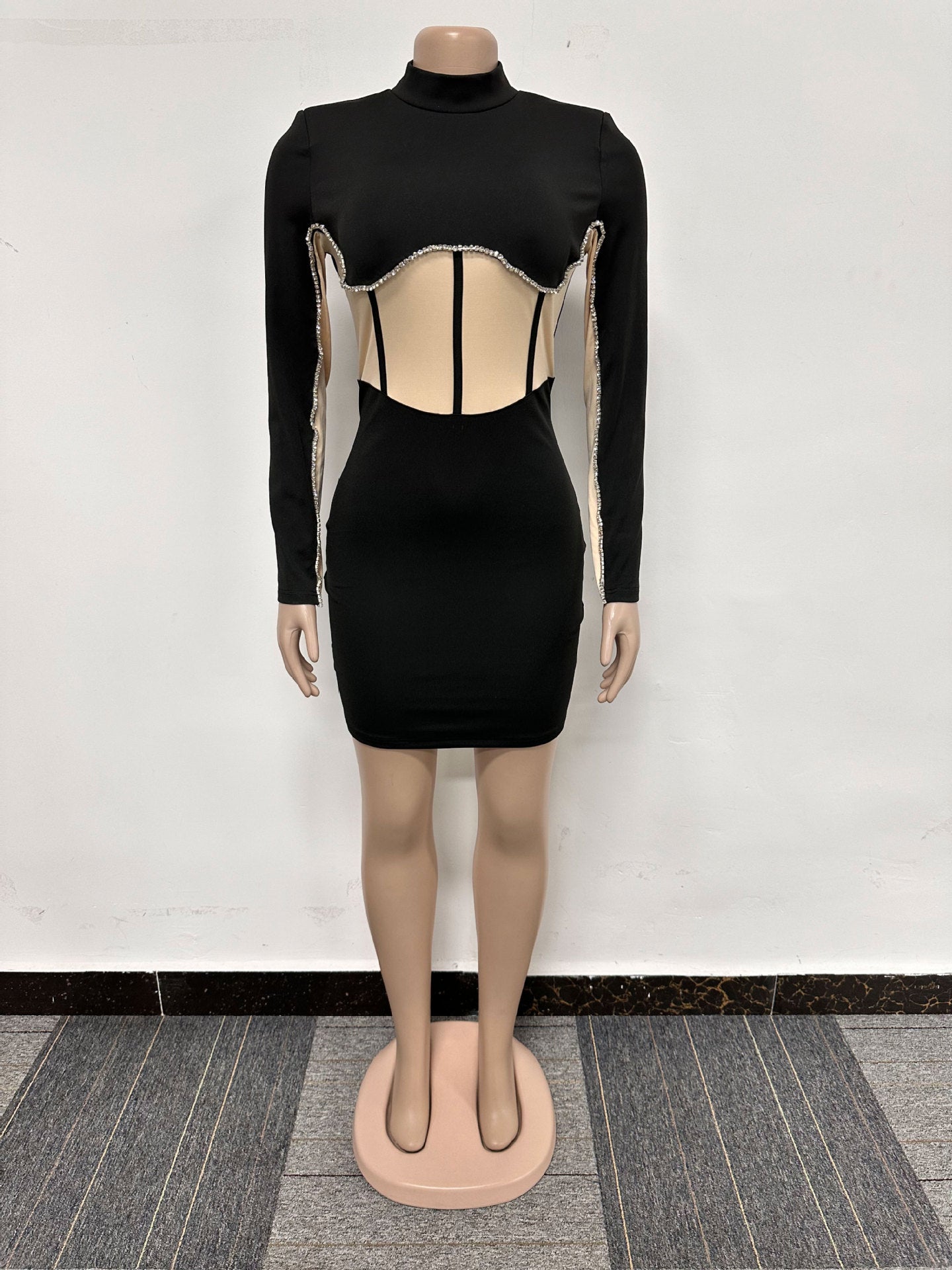 Sexy Rhinstone Patchwork Contrast Slim Waist Long Sleeve Bodycon Dress 11