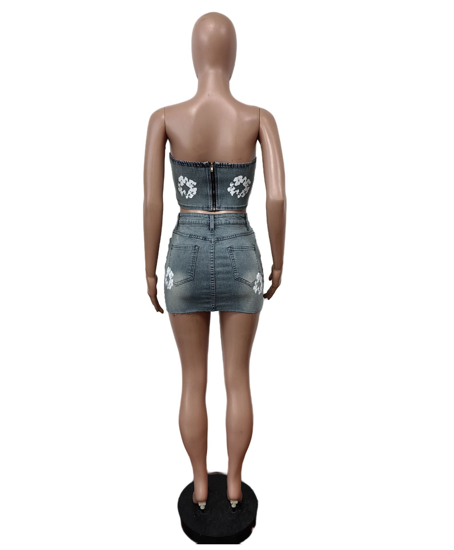 Printed Strapless Elastic Denim Skirt Set 3