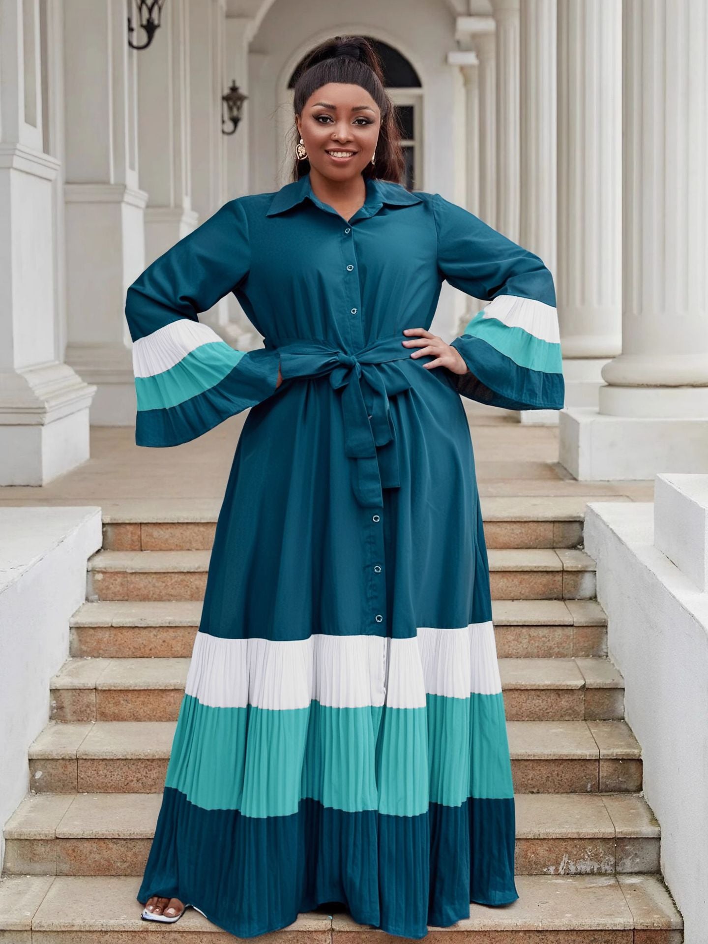 Plus Size Women color matching ruffled Bell Bottom sleeve Turndown Collar pleated chiffon dress 8