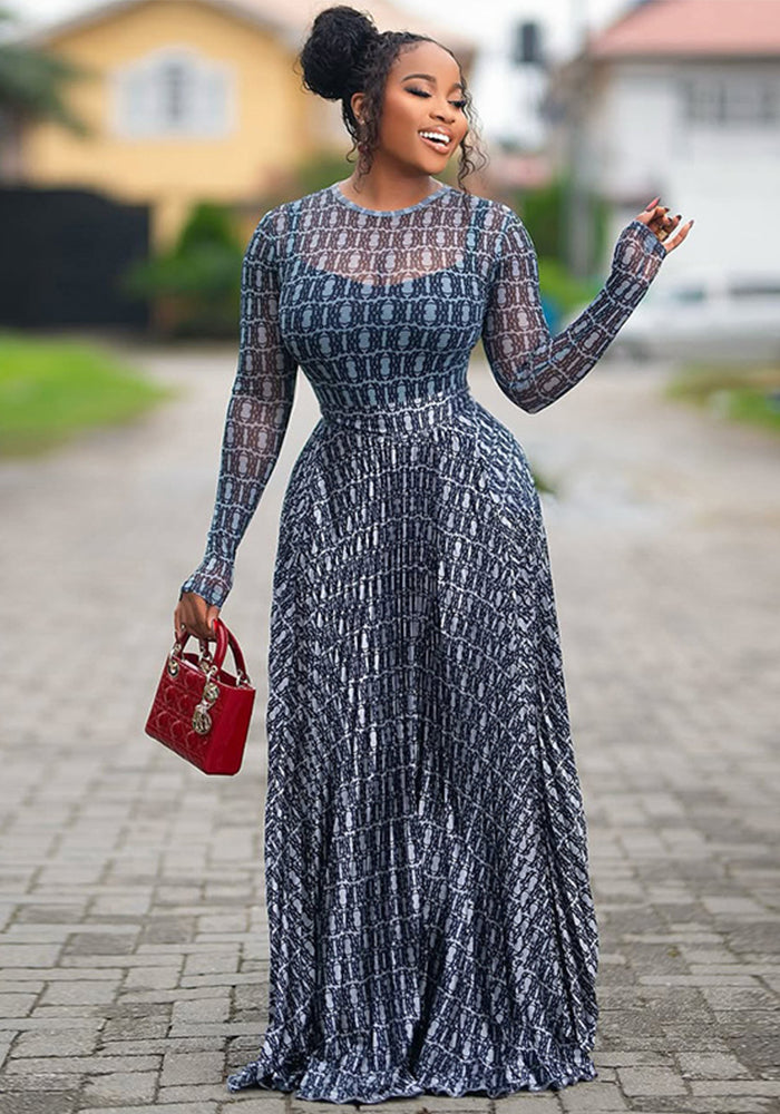 Women's Summer Print Street Round Neck Long Sleeve Slim Waist Sheer A-Line Dress