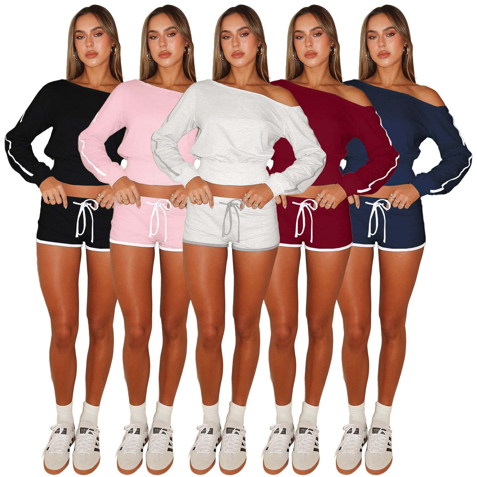 Women's Casual Slash Shoulder Long Sleeve Top Drawstring Shorts Two-Piece Set 10