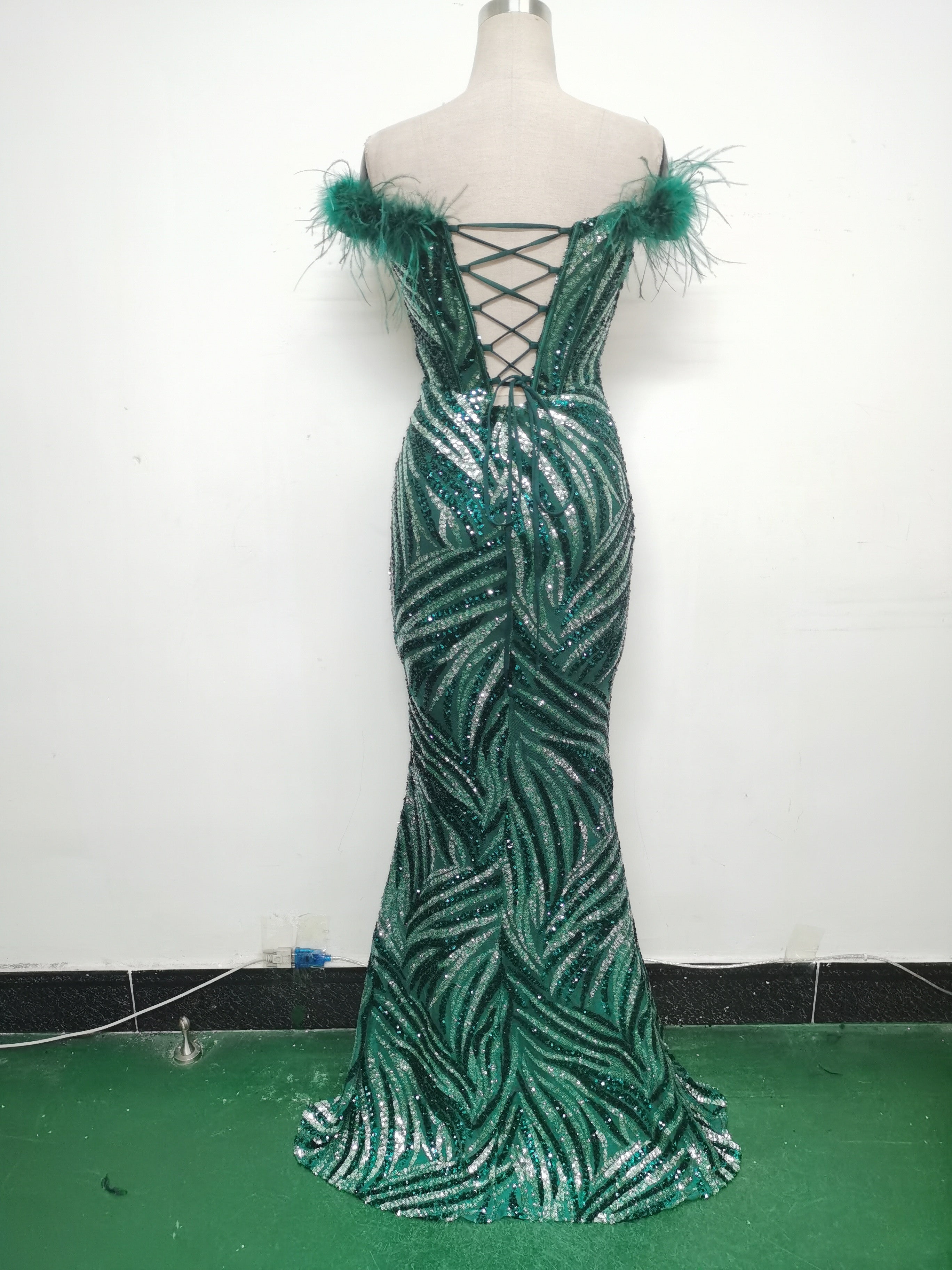 Fishbone Slim Waist Off Shoulder Feather Sequined Evening Dress 18