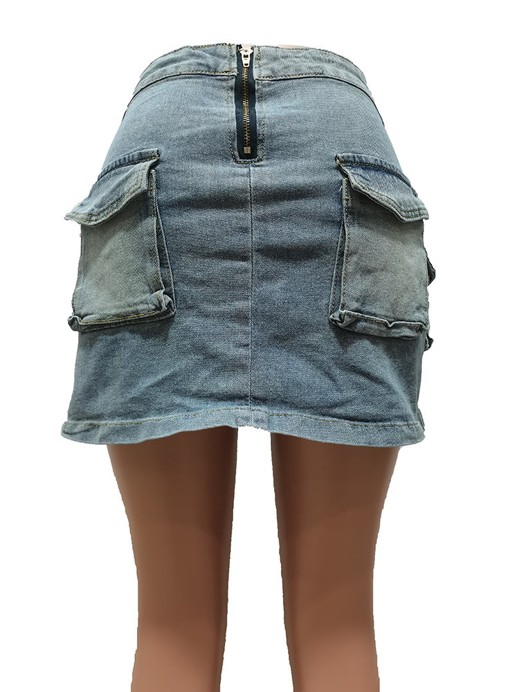 Women Washed Button Zipper Straps Irregular Top and Slit Cargo Denim Skirt Two-piece Set 22