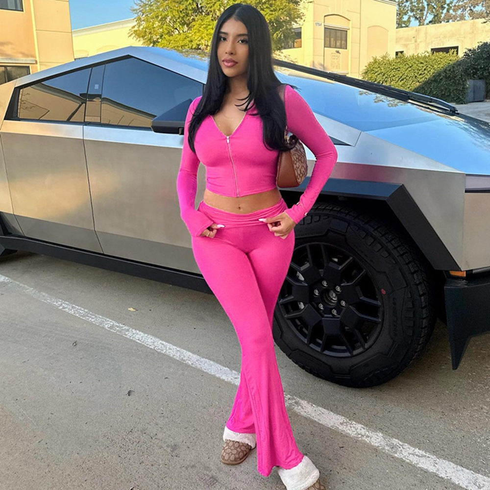 Women Zipper Long Sleeve Hooded Top and Bell Bottom Two-piece trousers 3