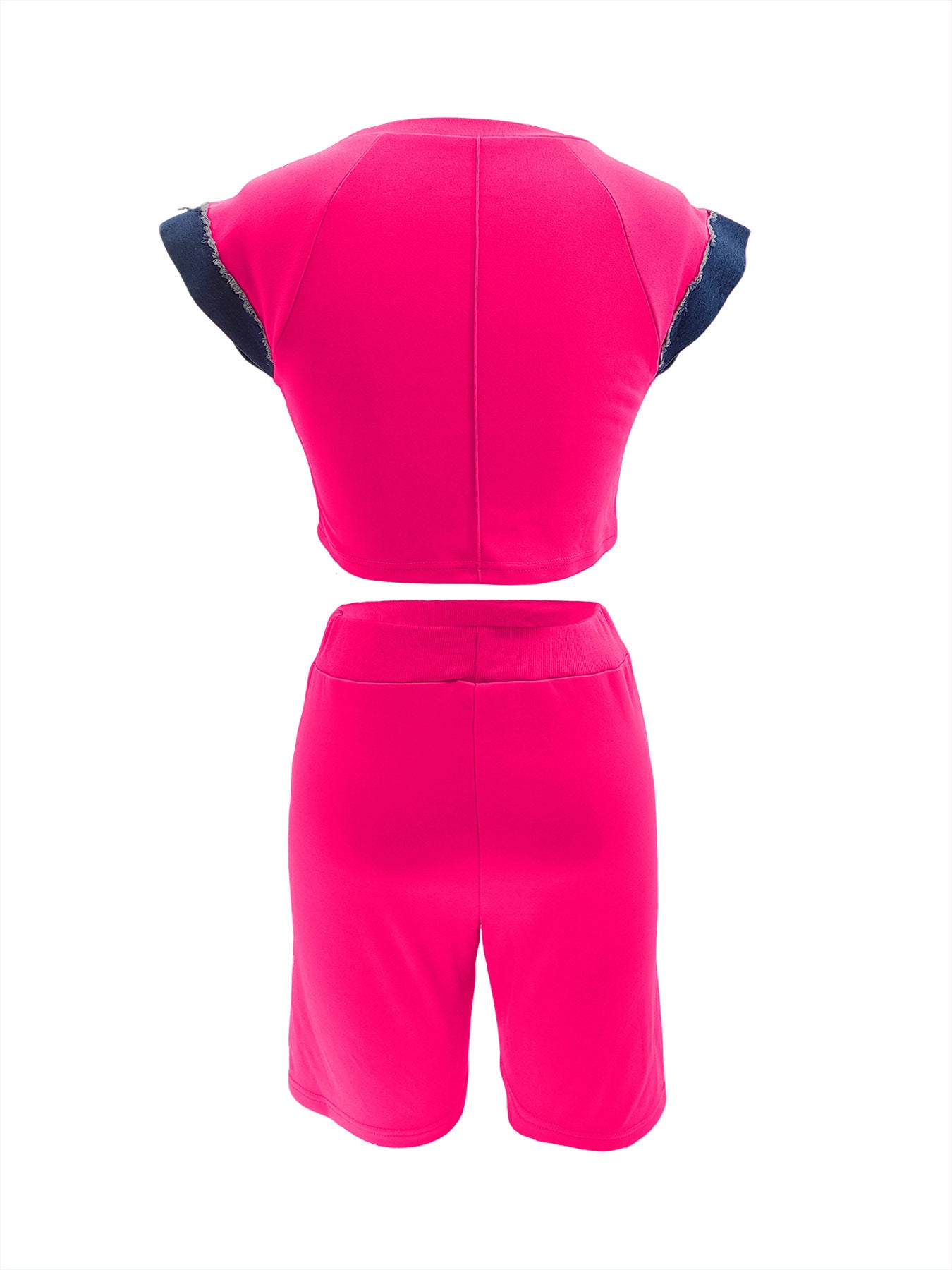 Women Casual Denim Patchwork Short-sleeved Top and Shorts Two-piece Set 23