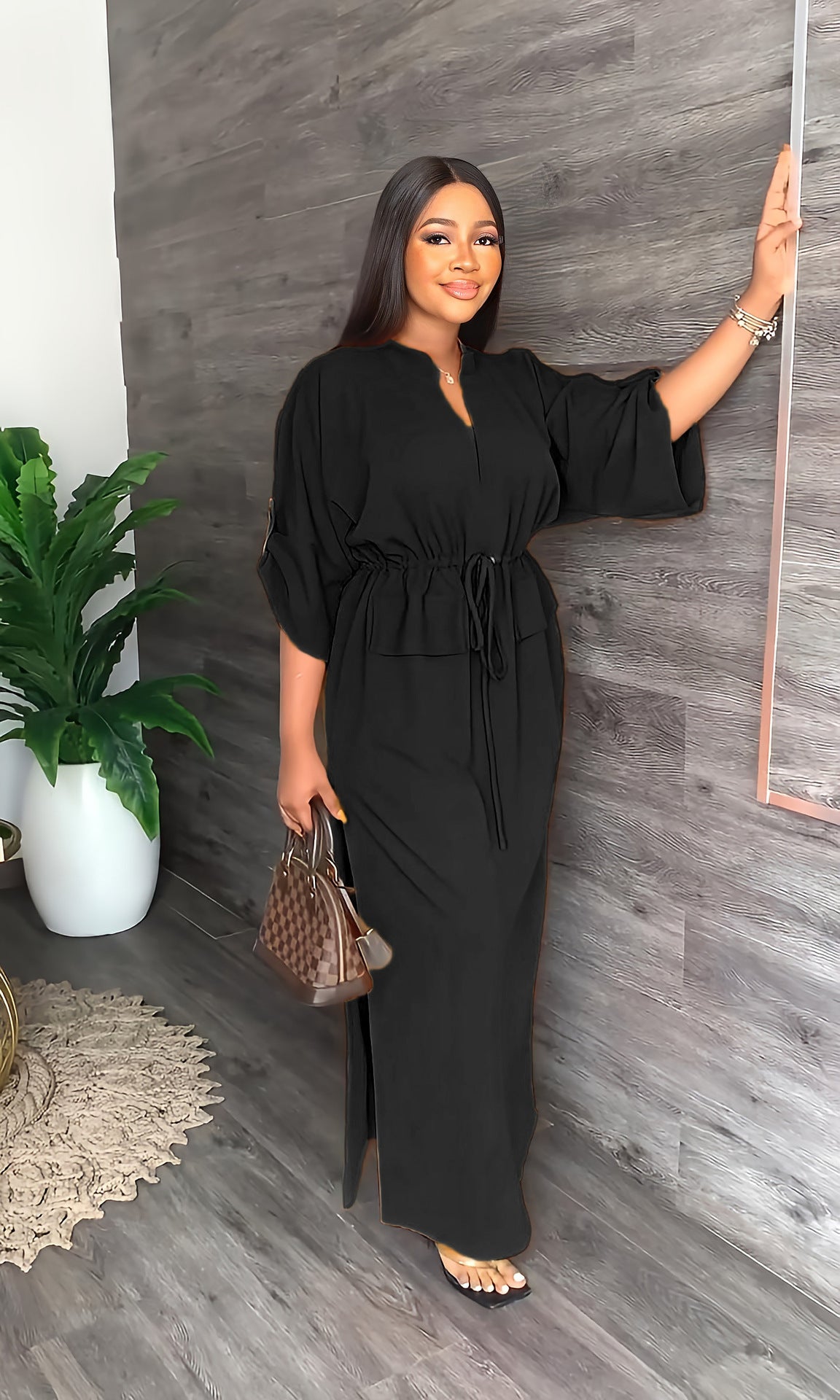 Loose Slim Waist Casual Side Slit Summer Long Dress 4