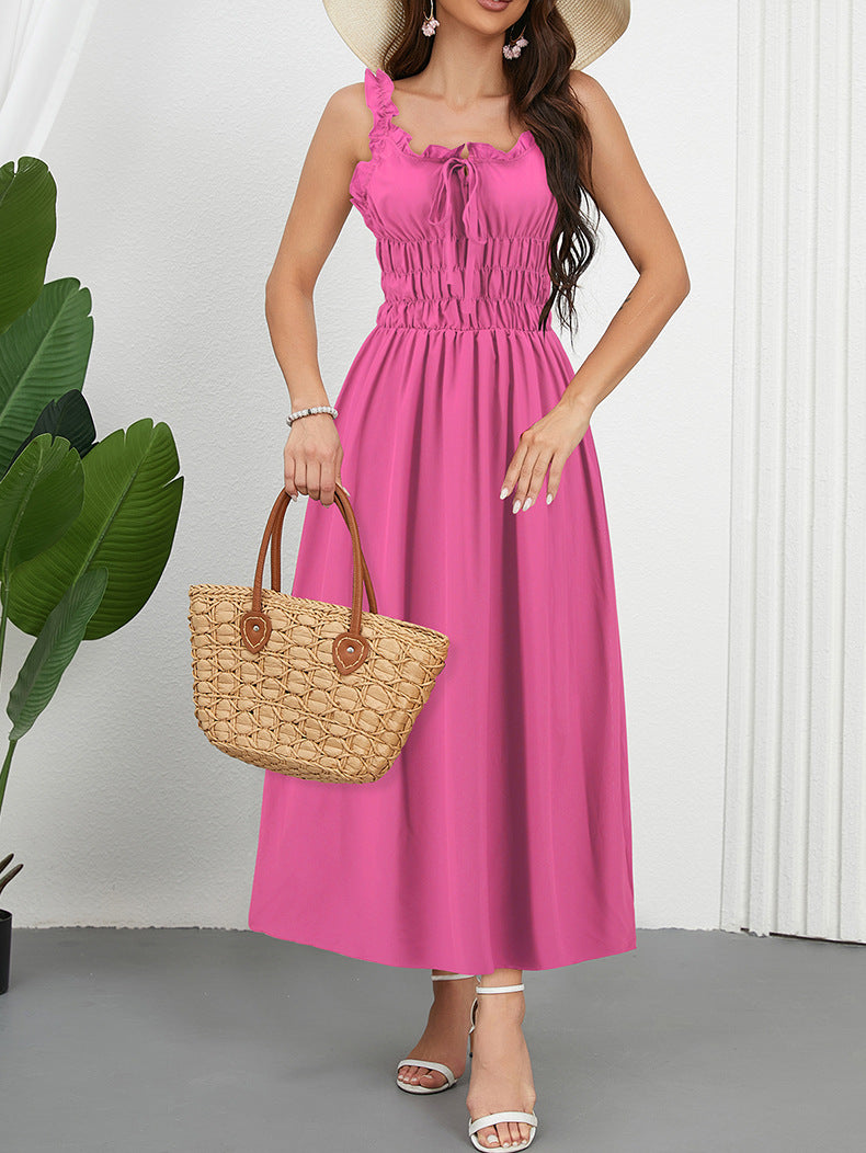 Women Spring And Summer Casual Solid Color Slim Waist Strap Holidays Long Dress 6
