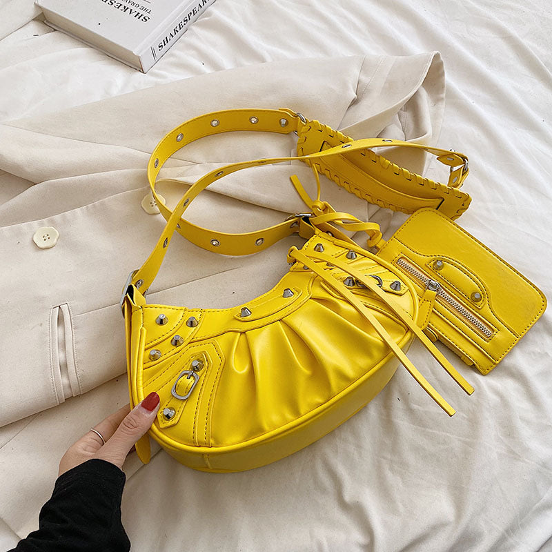 Diagonal pleated single shoulder women's retro rivet bag 25