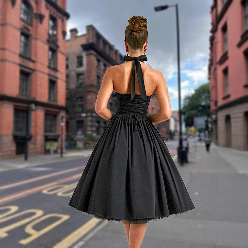 Sexy Women's Lace-Up Strap Slim Pleated A-Line Midi Dress 4