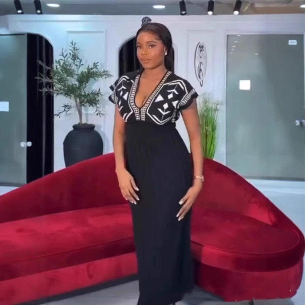 Women's Spring Elegant V-Neck High Waist Knit Jacquard Long Dress