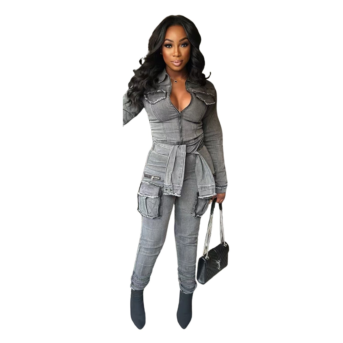 Women Tie Stretch Belt Denim Jumpsuit 4