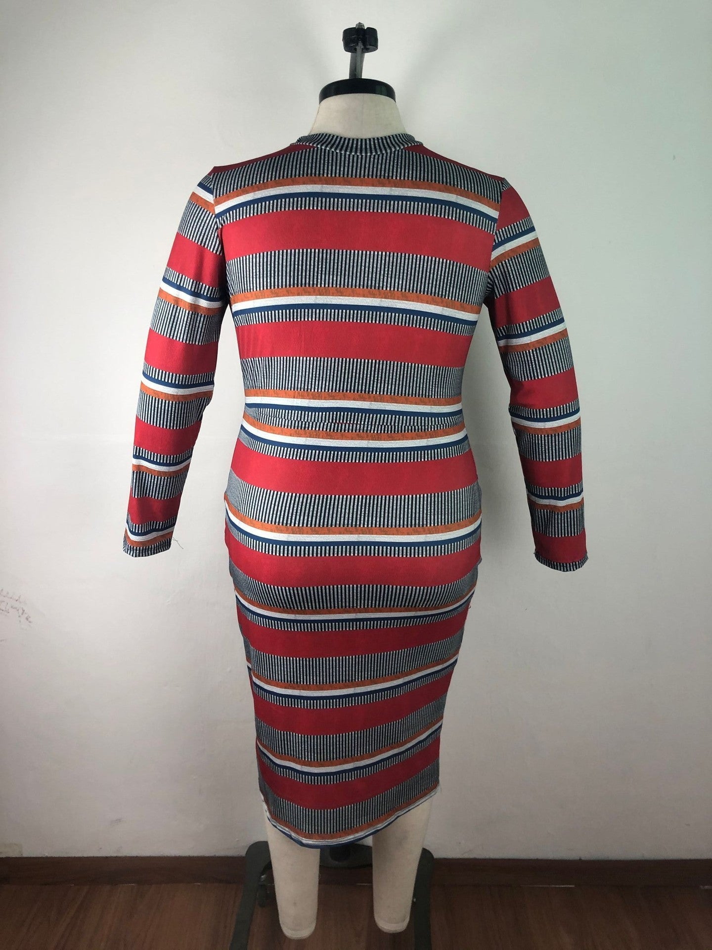 Plus Size Women's Ribbed Striped Print Long Sleeve Dress 11