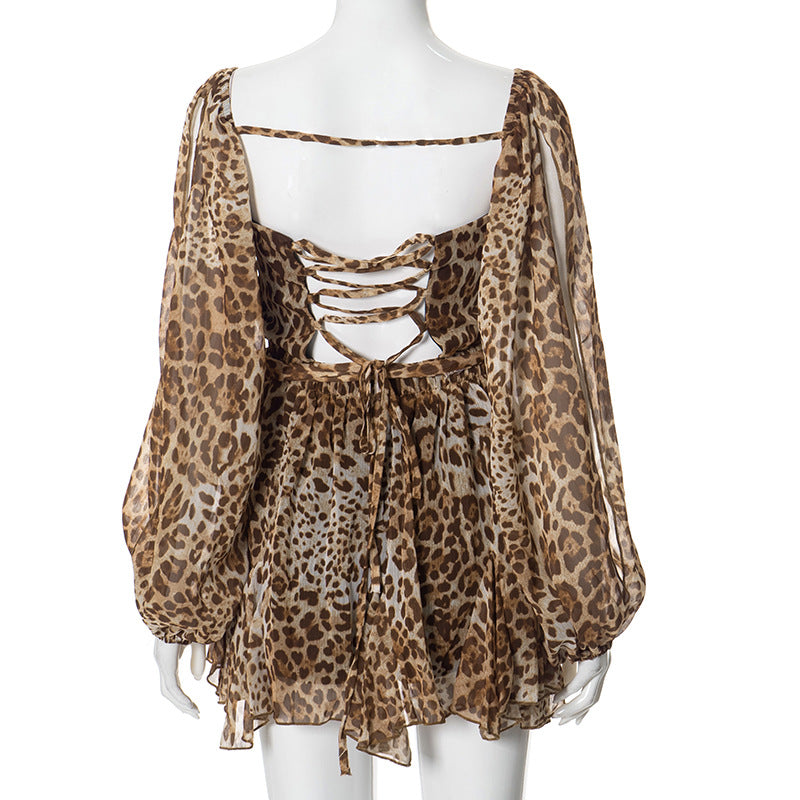 Women Summer Solid Casual Mesh Long Sleeve Lace-Up Backless Mini Dress 20