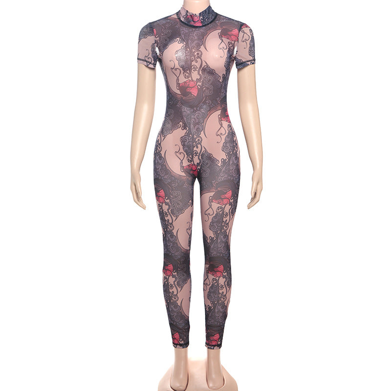 Women Summer Street Trend Mesh See-Through Print Backless Jumpsuit 8