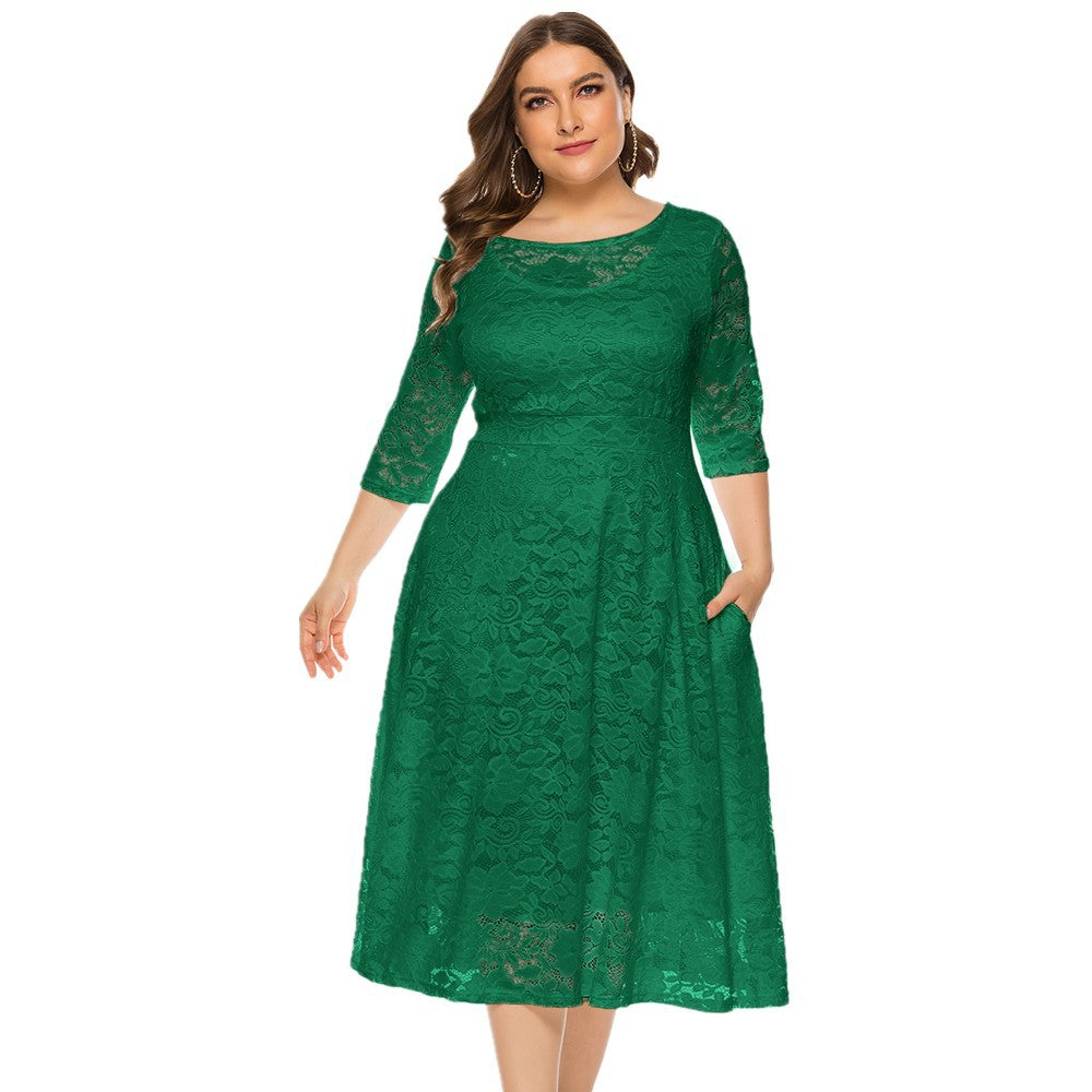 Plus Size Evening Dress Mid Length Cutout Lace Pocket Dress 14