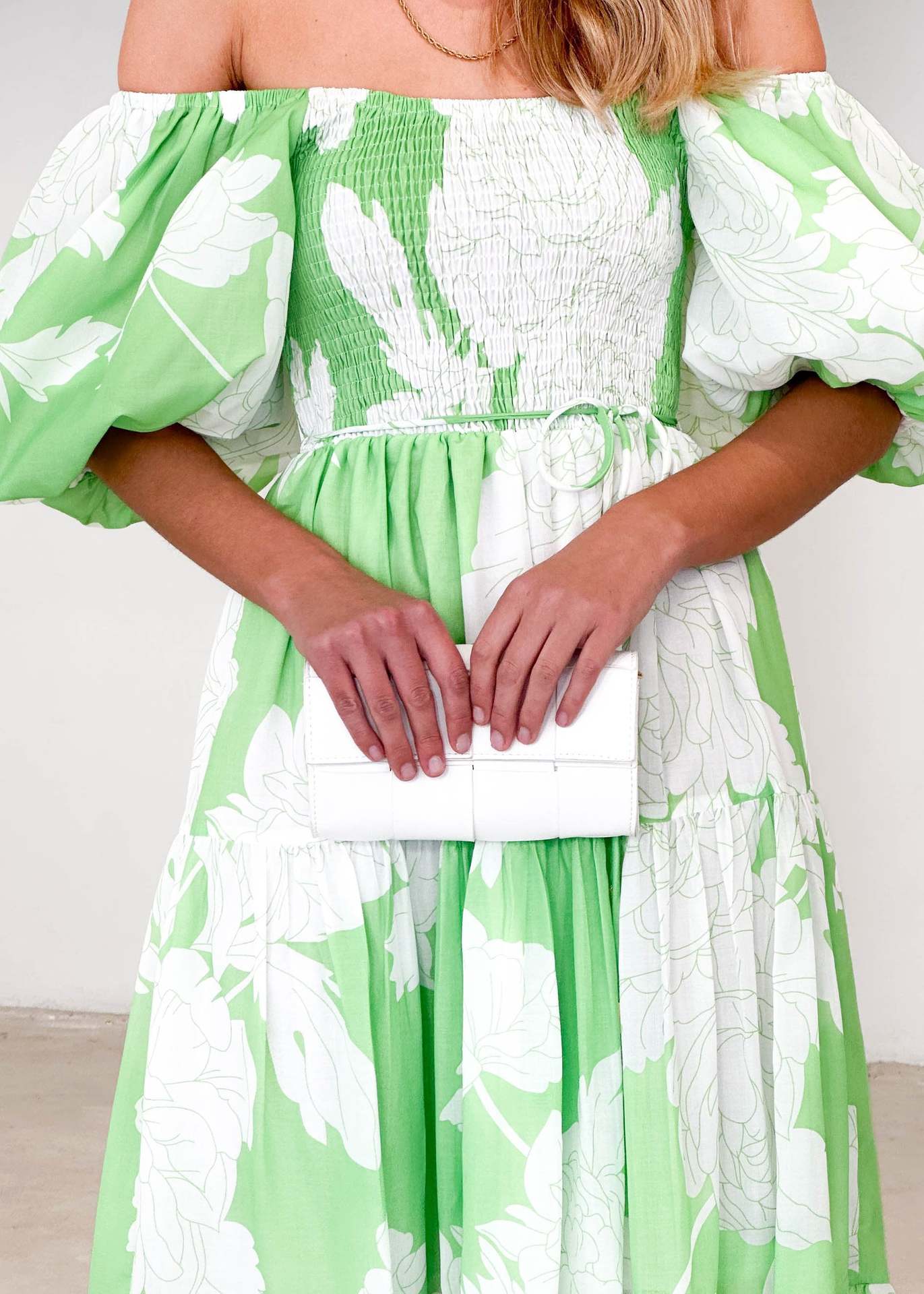 Women Elegant Print Off Shoulder Puff Sleeve Dress 13