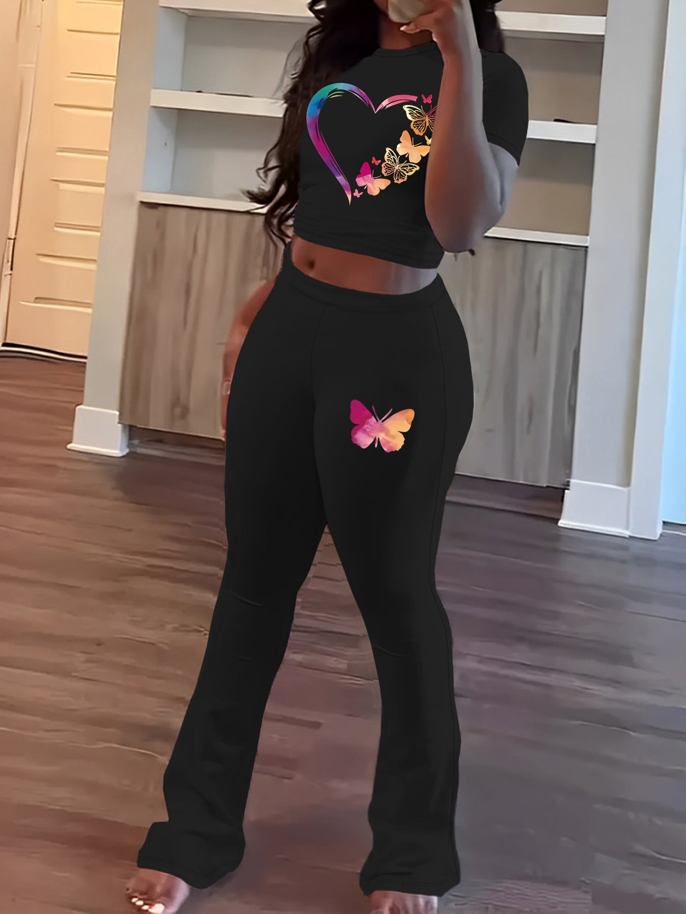 Spring Printed Short Sleeve Round Neck Top and Long Pants Two-Piece Set for Women