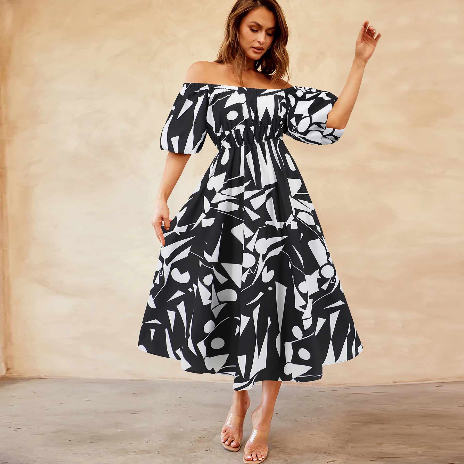 Sexy Off Shoulder Puff Sleeve Printed Casual Fashion Swing Chic Dress 6