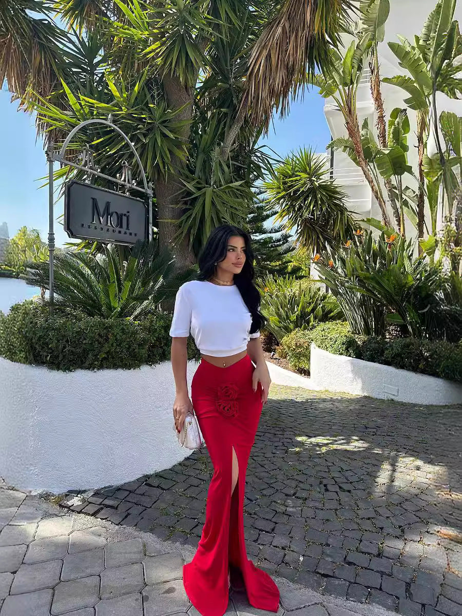 Summer Solid Color Slim Flower Split Long Skirt 10