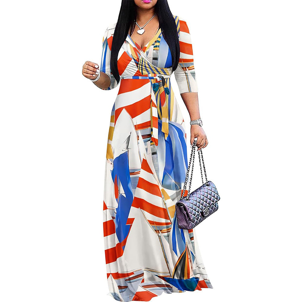 Women Flower Tie-dye Sexy V-neck Half-Sleeve Maxi Dress 14