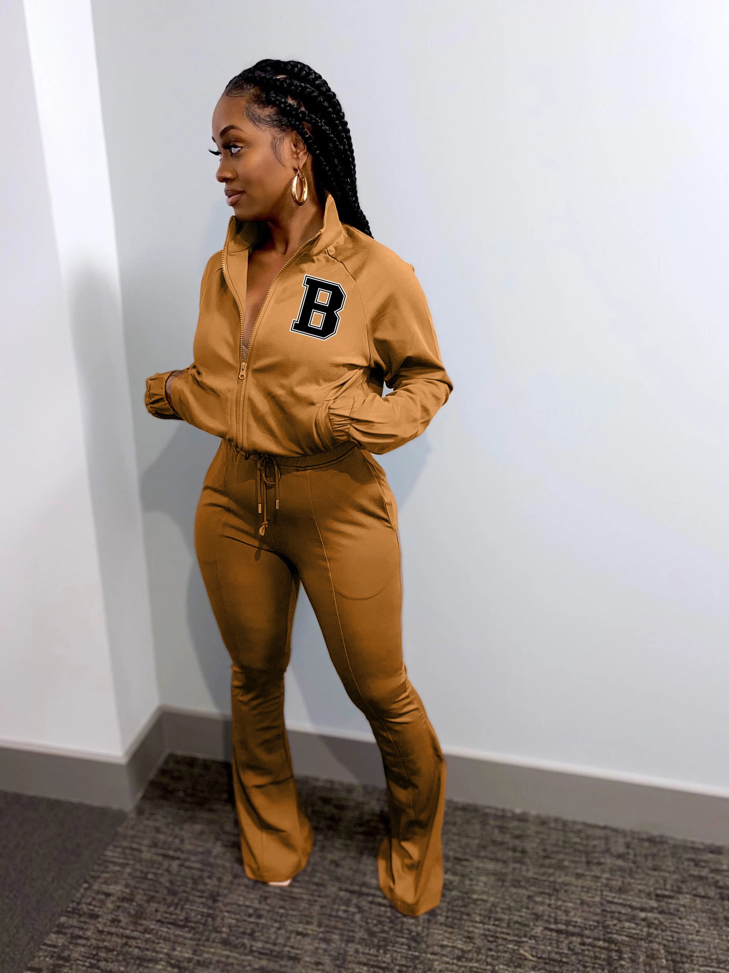 Women Sports Casual Letter B Print Zip Long Sleeve Top+ Pants Two Piece 3