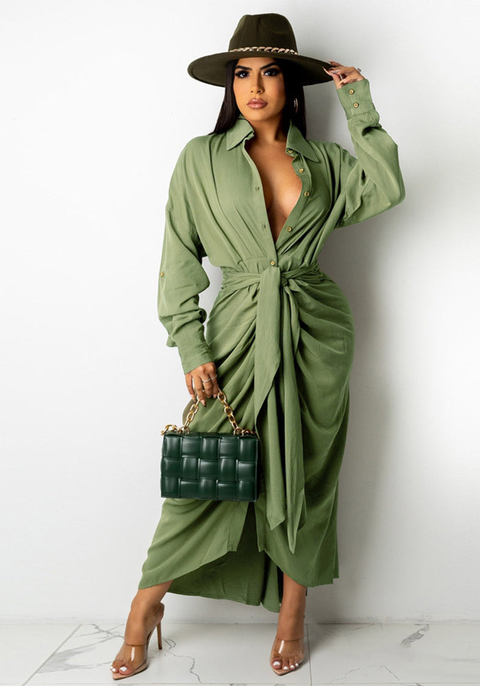 Women Sexy Lace-Up Buttoned Long-Sleeved Dress