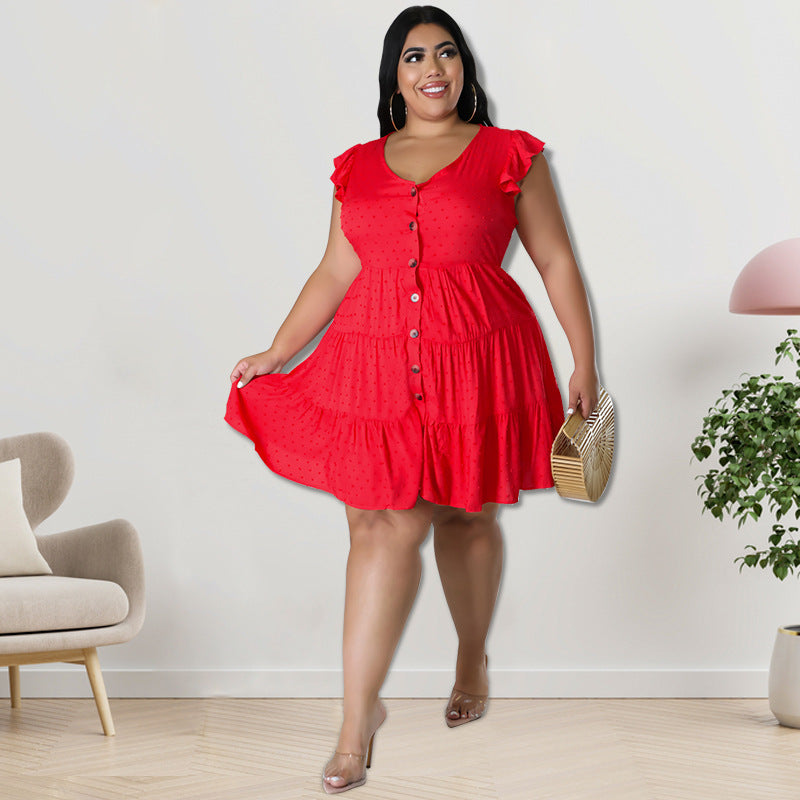 Plus Size Women's Solid Color Ruffled Short Sleeve Button Up Casual A-line Dress 8