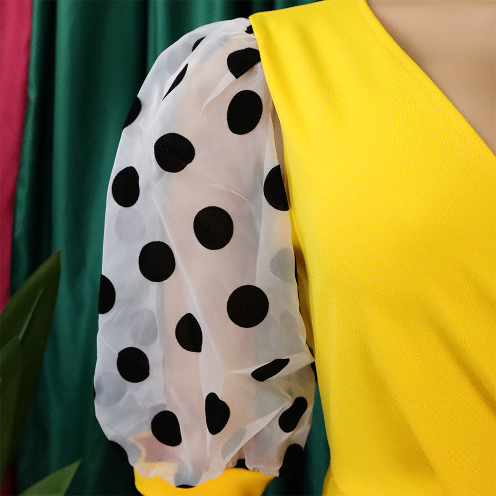 Women Summer mesh flocked puff sleeves V-neck Bodycon dress 15