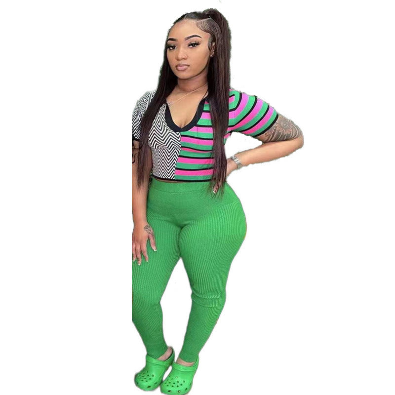 Women Patchwork Contrast Color Polo Shirt V-Neck Short Sleeve T-Shirt 4