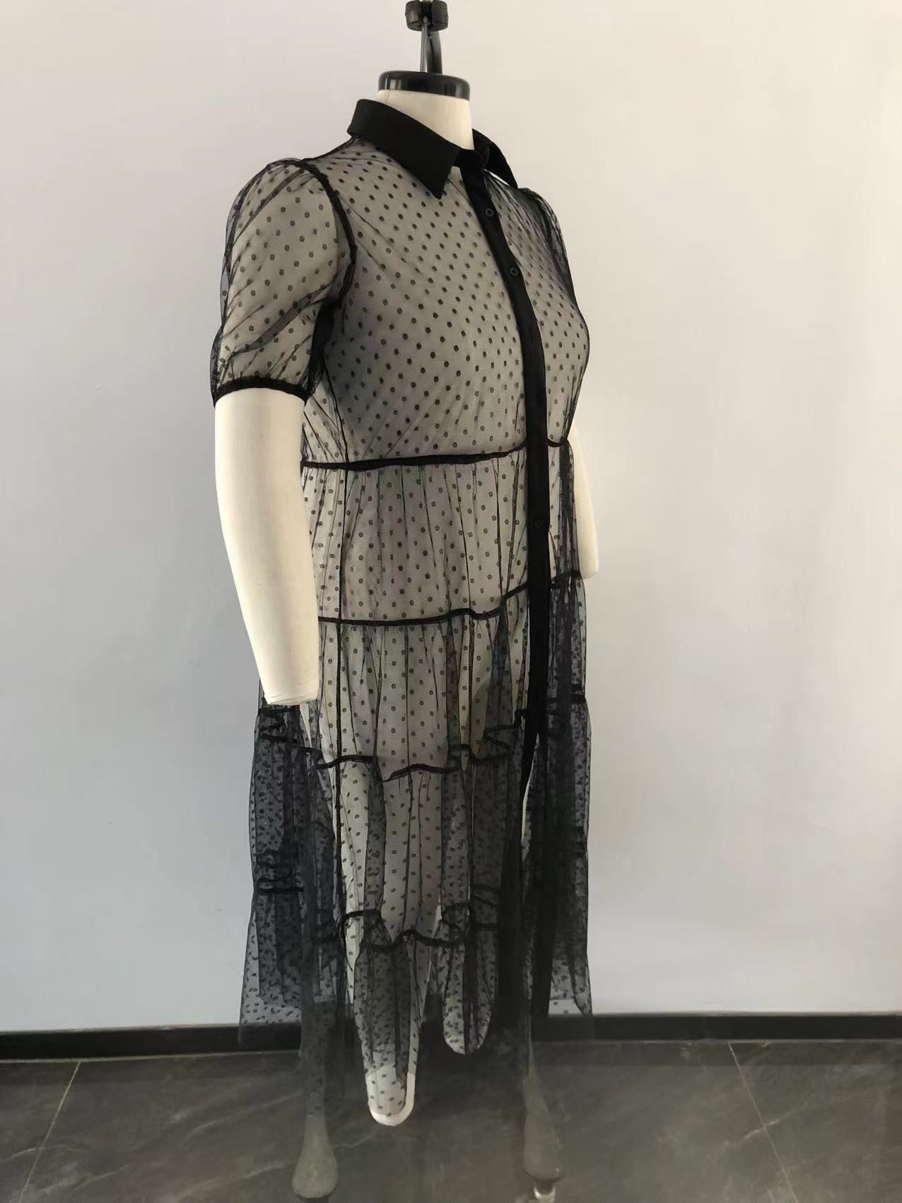 Plus Size Women Polka Dot Mesh Pleated Casual Dress 6