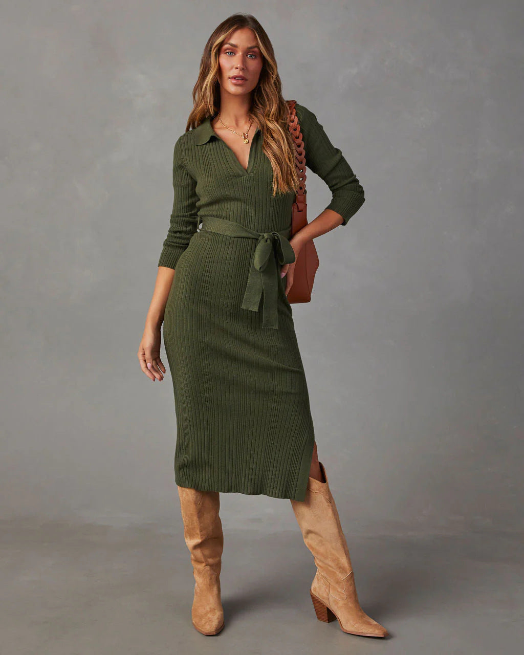 Women's Turndown Collar V-Neck Knitting Dress