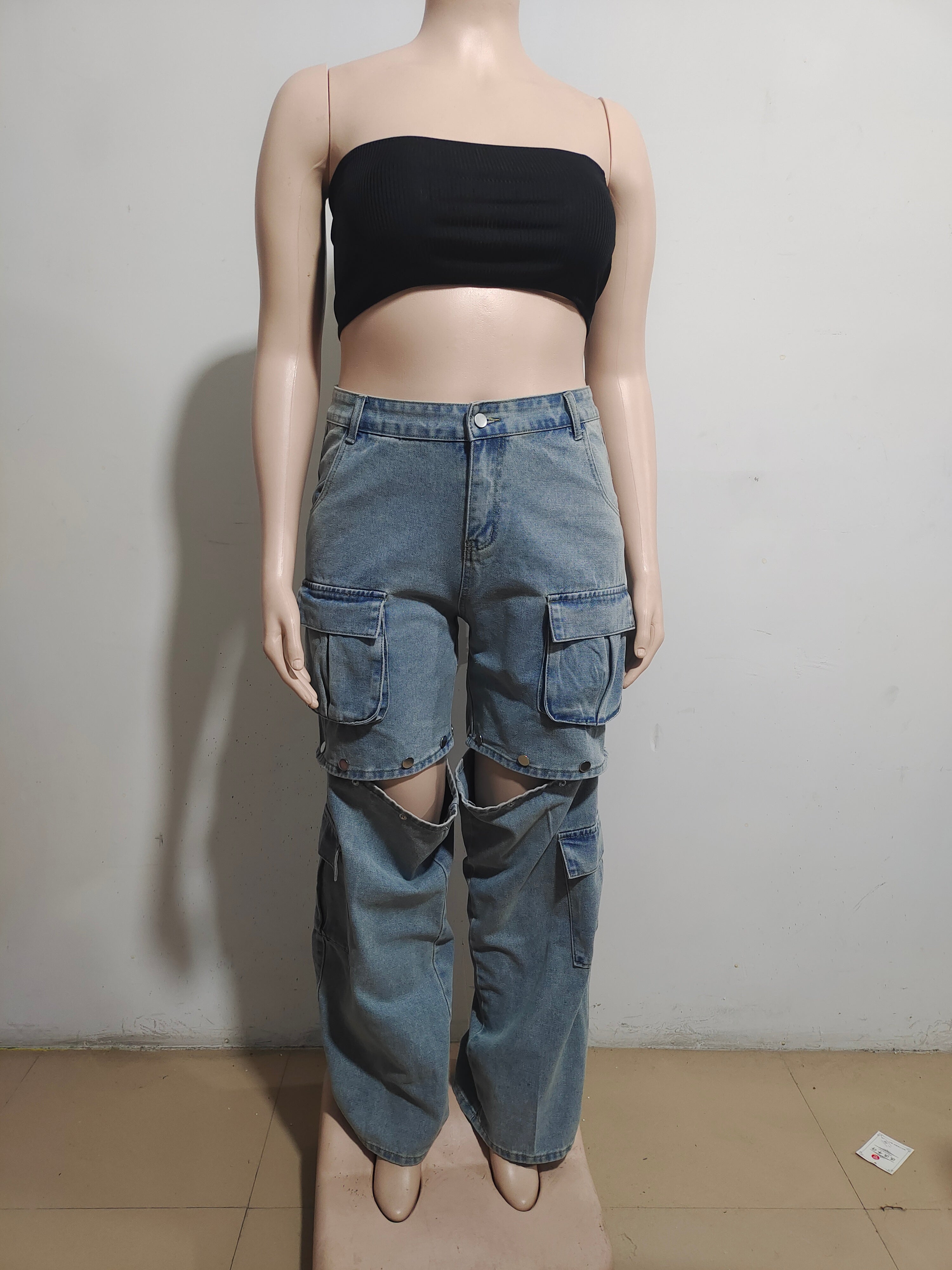 Women Pocket Removable Button Denim Pants 9