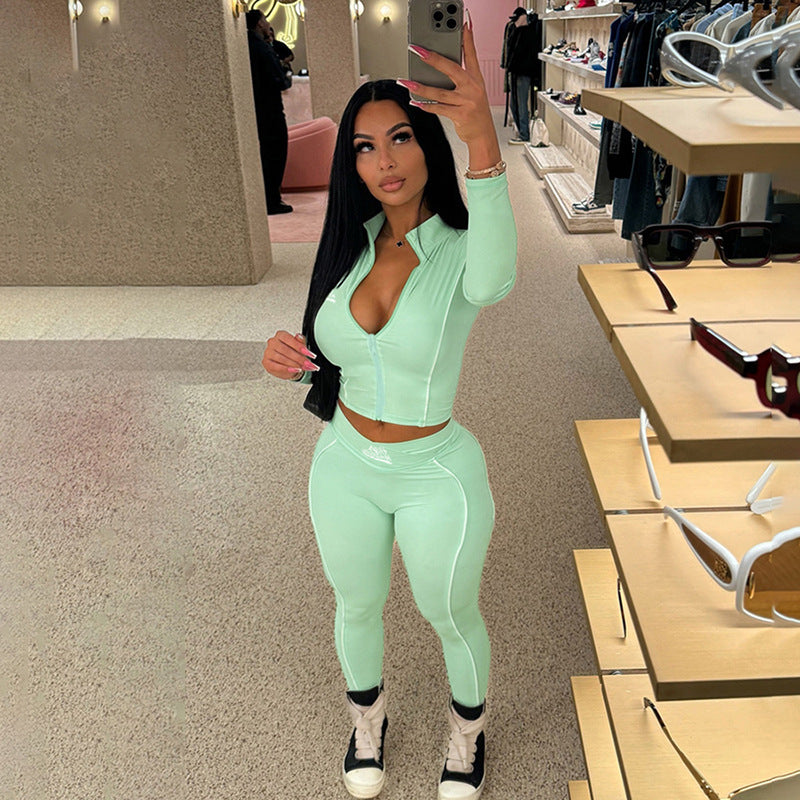 Women Fall and Winter Feminine Crop Long Sleeve Top and Long Pants Two-Piece Set 4