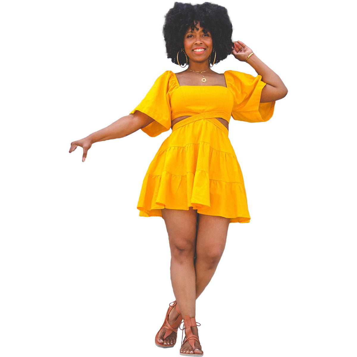 Women Summer Solid Square Neck Cutout Ruffle Dress 3