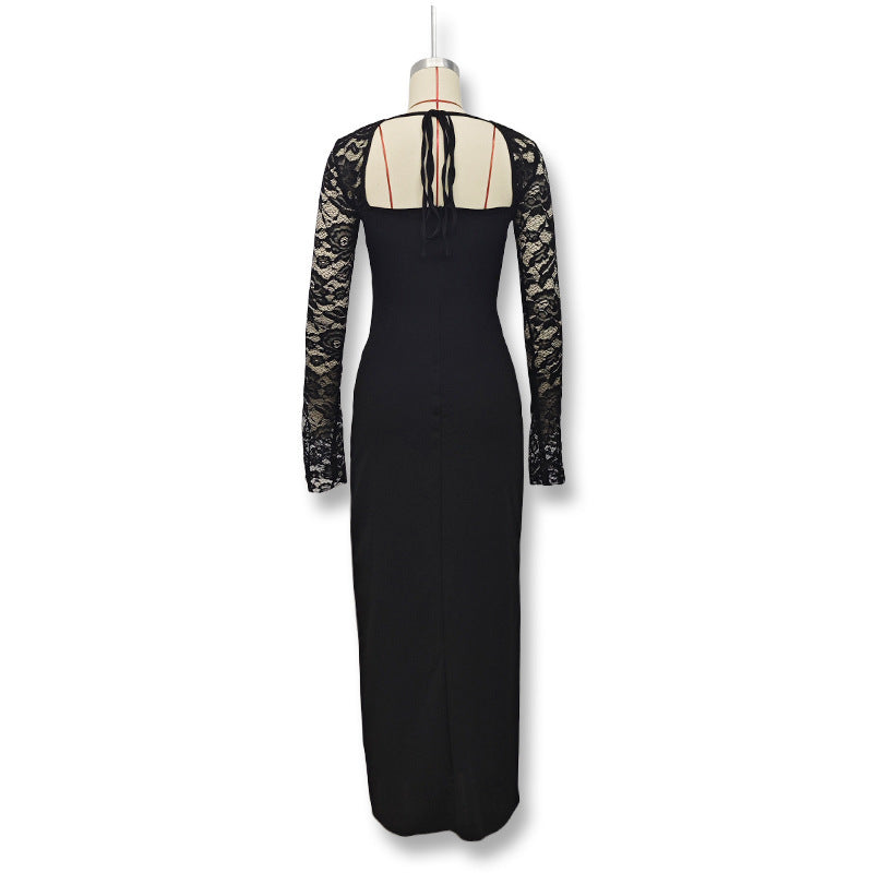 Women Autumn Sexy Slit Lace Patchwork Dress 10