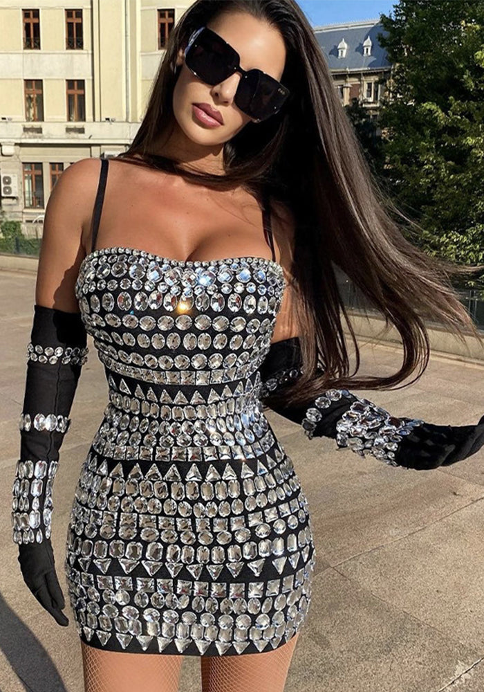 Women's Black Spiked Sleeves Straps Sleeveless Rhinestone Dress Women's Clothing